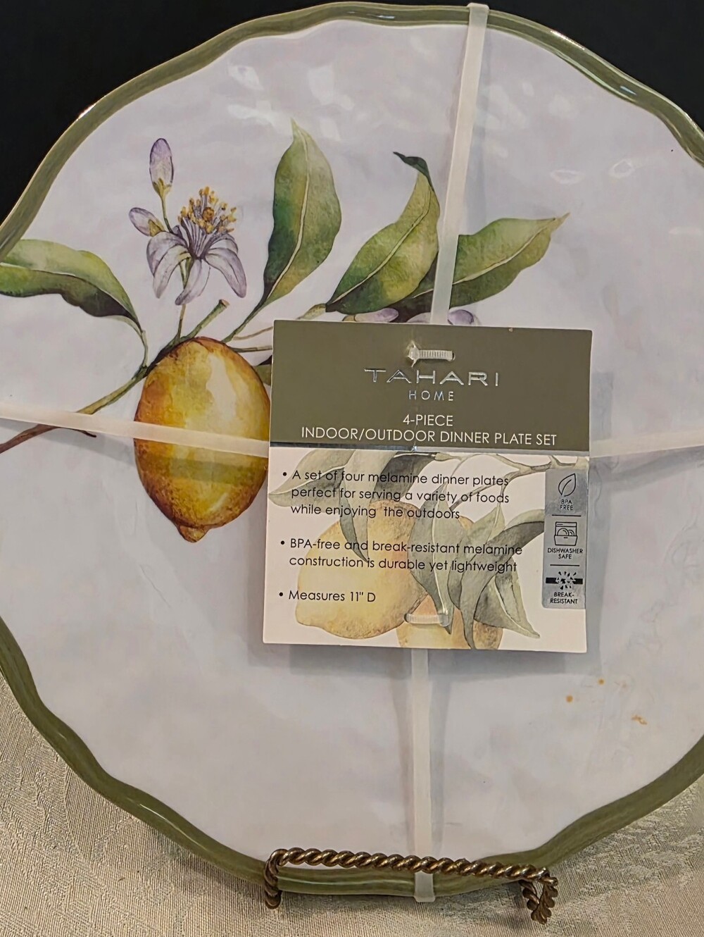 Tahari Home Lemon Branch 11" Melamine Dinner Plates Set of 4 New